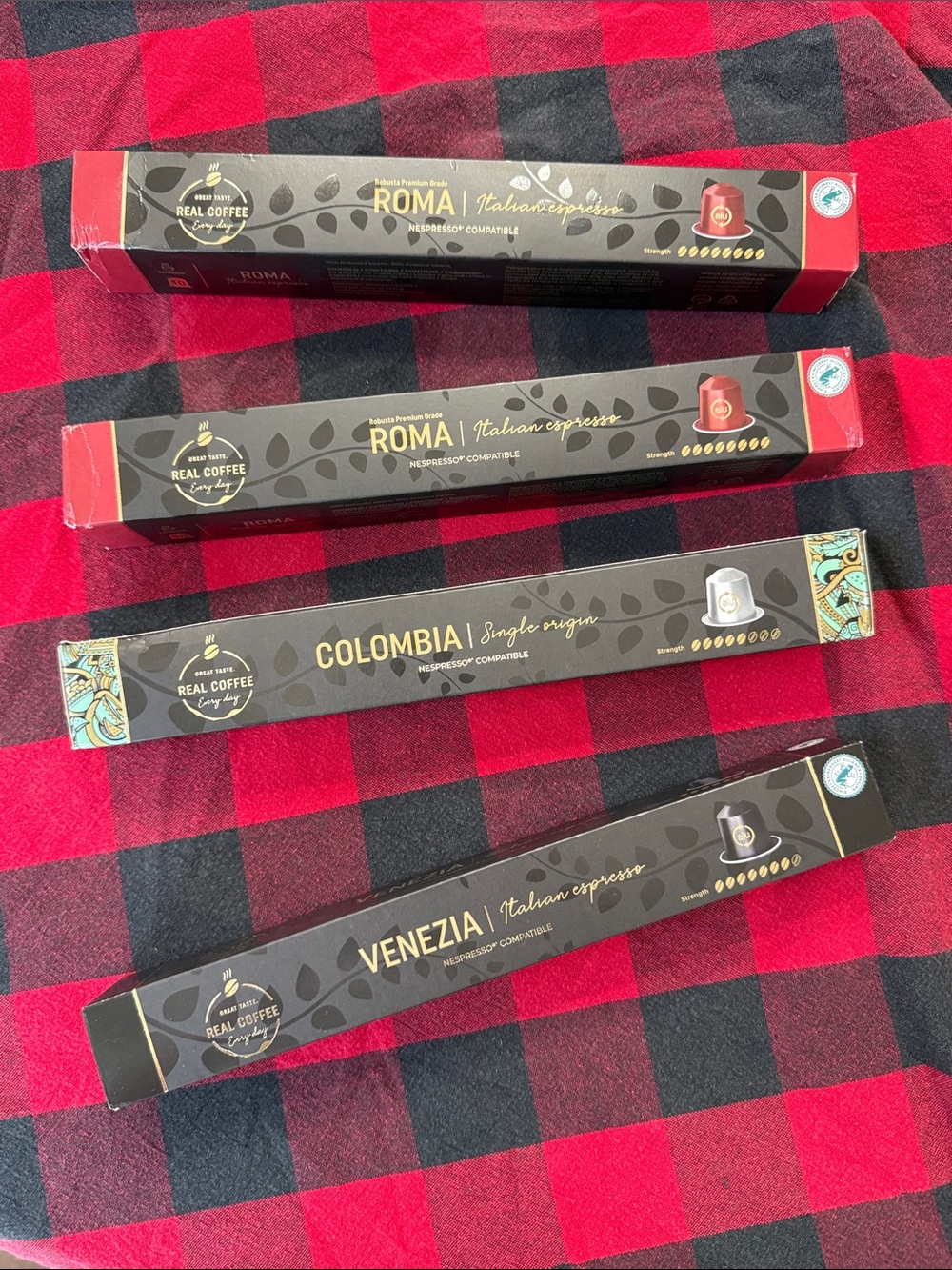 Lot of four boxes Nespresso compatible coffee pods Roma Italian Venezia Colombia
